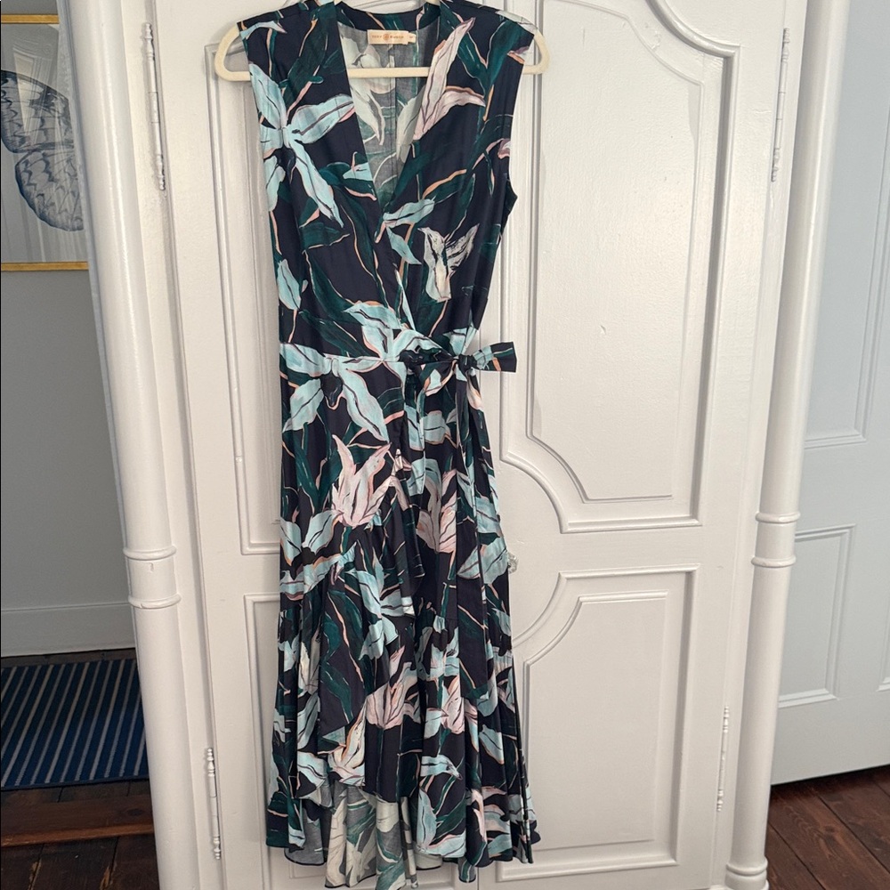 Tory Burch Navy Sleeveless Wrap Midi Dress with Mint and Blush Leaf Print